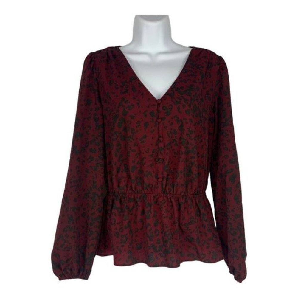 Nine West Womens Red & Black Leopard Print Peplum Blouse Long Sleeve Size Small